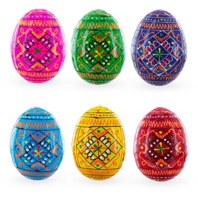 BestPysanky Set of 6 Ukrainian Geometric Wooden Easter Eggs 2.5 Inches