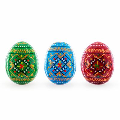 BestPysanky Set of 3 Vibrant Geometric Ukrainian Pysanky Wooden Easter Eggs 2.5 Inches