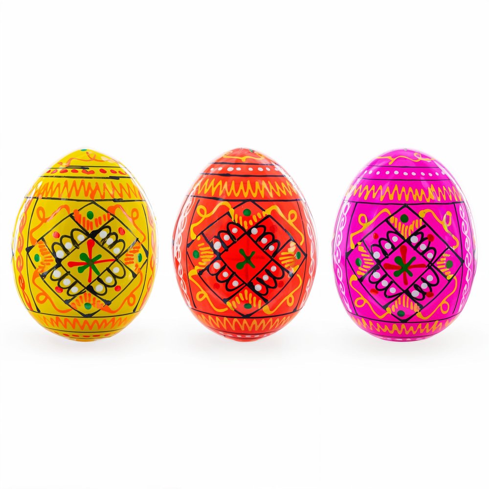 BestPysanky Set of 3 Yellow, Pink, Orange Geometric Ukrainian Pysanky Wooden Easter Eggs 2.5 Inches