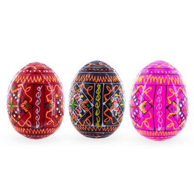BestPysanky Set of 3 Red Shades Geometric Ukrainian Pysanky Wooden Easter Eggs 2.5 Inches