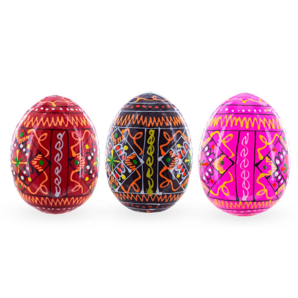 BestPysanky Set of 3 Red Shades Geometric Ukrainian Pysanky Wooden Easter Eggs 2.5 Inches
