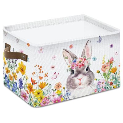 FYSUIMU Easter Storage Basket with Handles Floral Bunny Foldable Cube Storage Bin Rabbit Flower Fabric Organizer Box for Home Office Dorm Closet Shelf Toy Organization