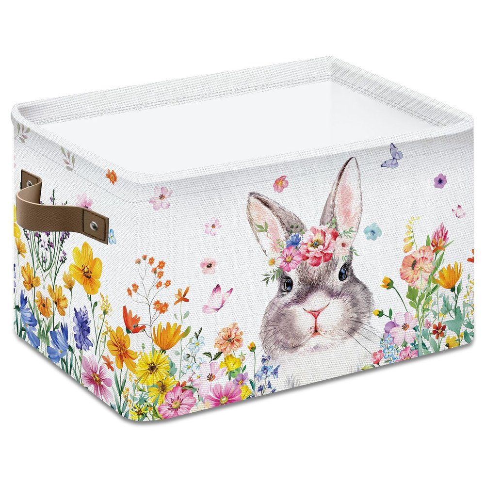FYSUIMU Easter Storage Basket with Handles Floral Bunny Foldable Cube Storage Bin Rabbit Flower Fabric Organizer Box for Home Office Dorm Closet Shelf Toy Organization