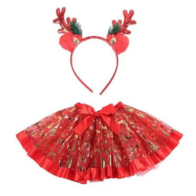 2Pcs Princesses Costume Birthday Party Fancy Dress Up For Girls With Christmas Reindeer Headband Tutus Skirt Accessories