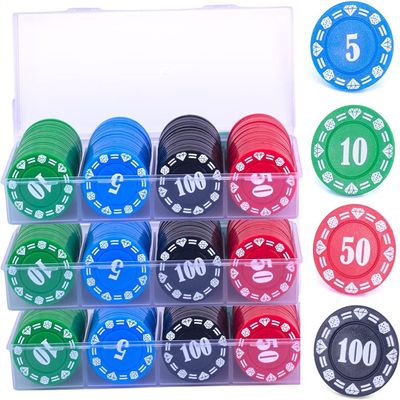 300 Plastic Poker Chips with Storage Box Set,Denomination Printed Casino Style Chip for Texas Home Game Holdem Poker Nights,Blackjack,Roulette Games,Casino Parties