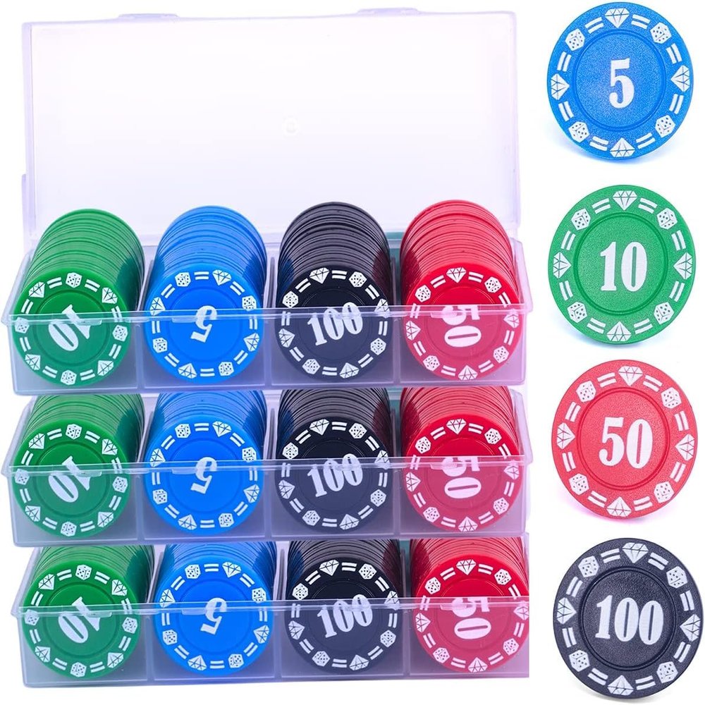 300 Plastic Poker Chips with Storage Box Set,Denomination Printed Casino Style Chip for Texas Home Game Holdem Poker Nights,Blackjack,Roulette Games,Casino Parties