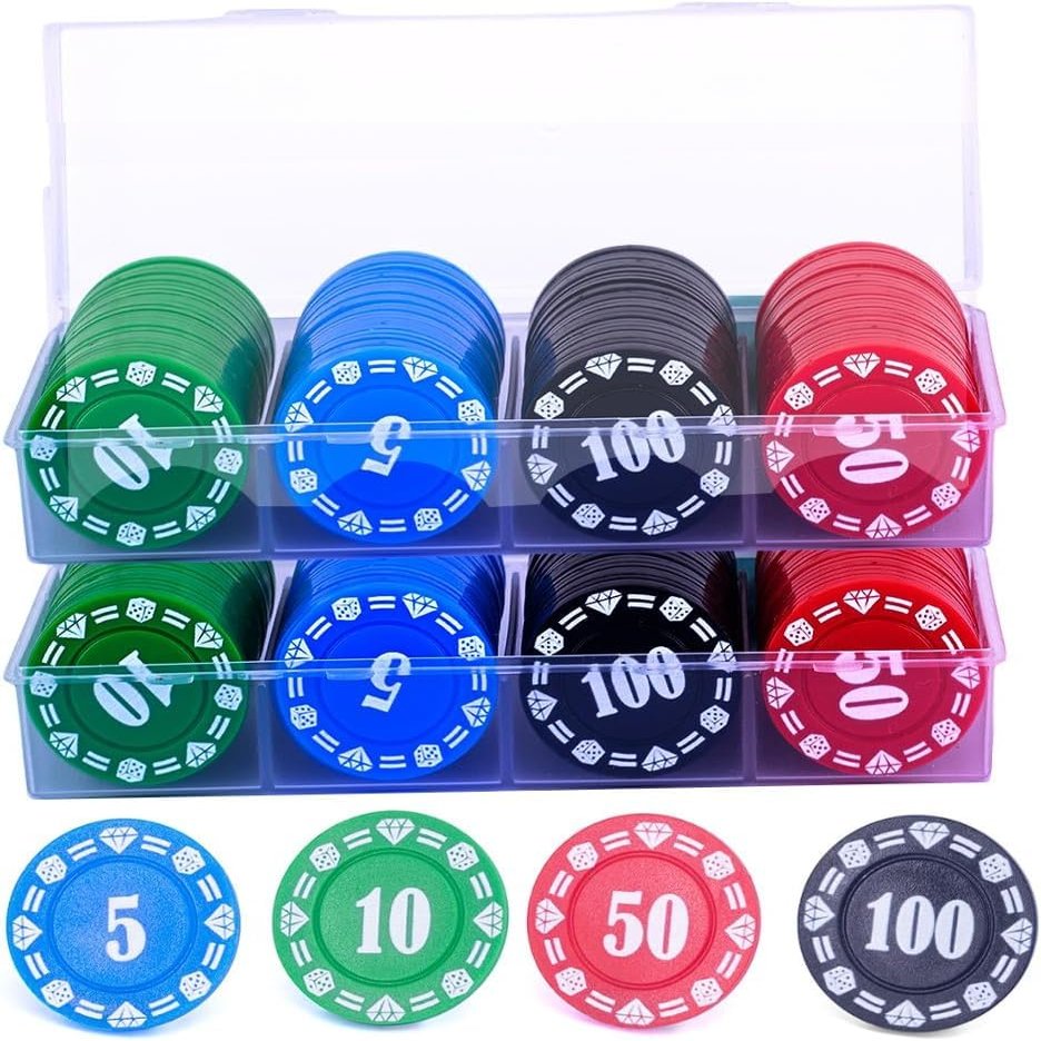 200 Plastic Poker Chips with Storage Box Set,Denomination Printed Casino Style Chip for Texas Home Game Holdem Poker Nights,Blackjack,Roulette Games,Casino Parties