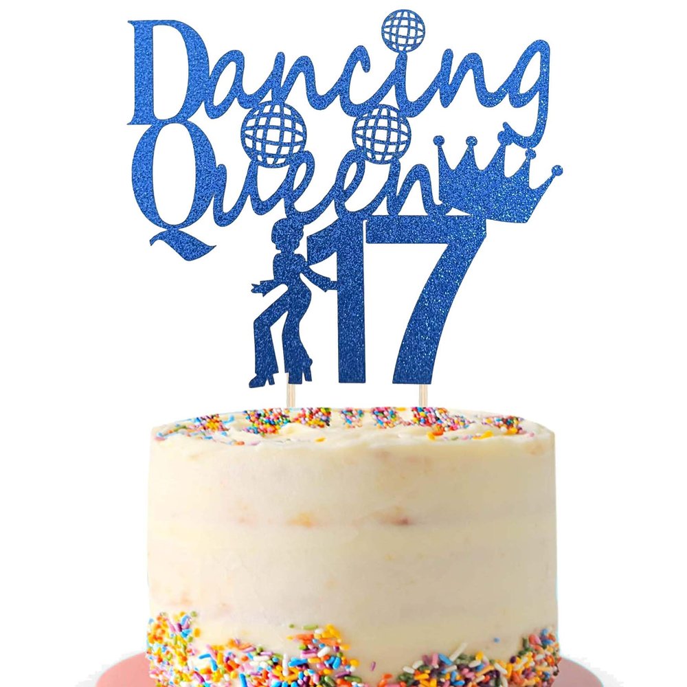 17th Birthday Topper Dancing Queen 17th Decoration, Blue Glitter 17 Fabulous Cake Pick Birthday Sign for Hello 17, Cheers to 17 Years Party(Blue)
