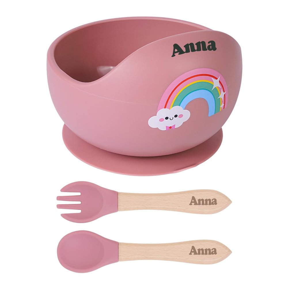 TYRY.HU Personalized Baby Bowl with Suction with Name, Baby Spoon and Fork with Name, Baby Led Weaning Supplies, Silicone Baby Feeding Set (Pink)