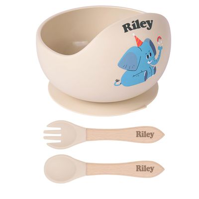 TYRY.HU Personalized Baby Bowl with Suction with Name, Baby Spoon and Fork with Name, Baby Led Weaning Supplies, Silicone Baby Feeding Set (Beige)