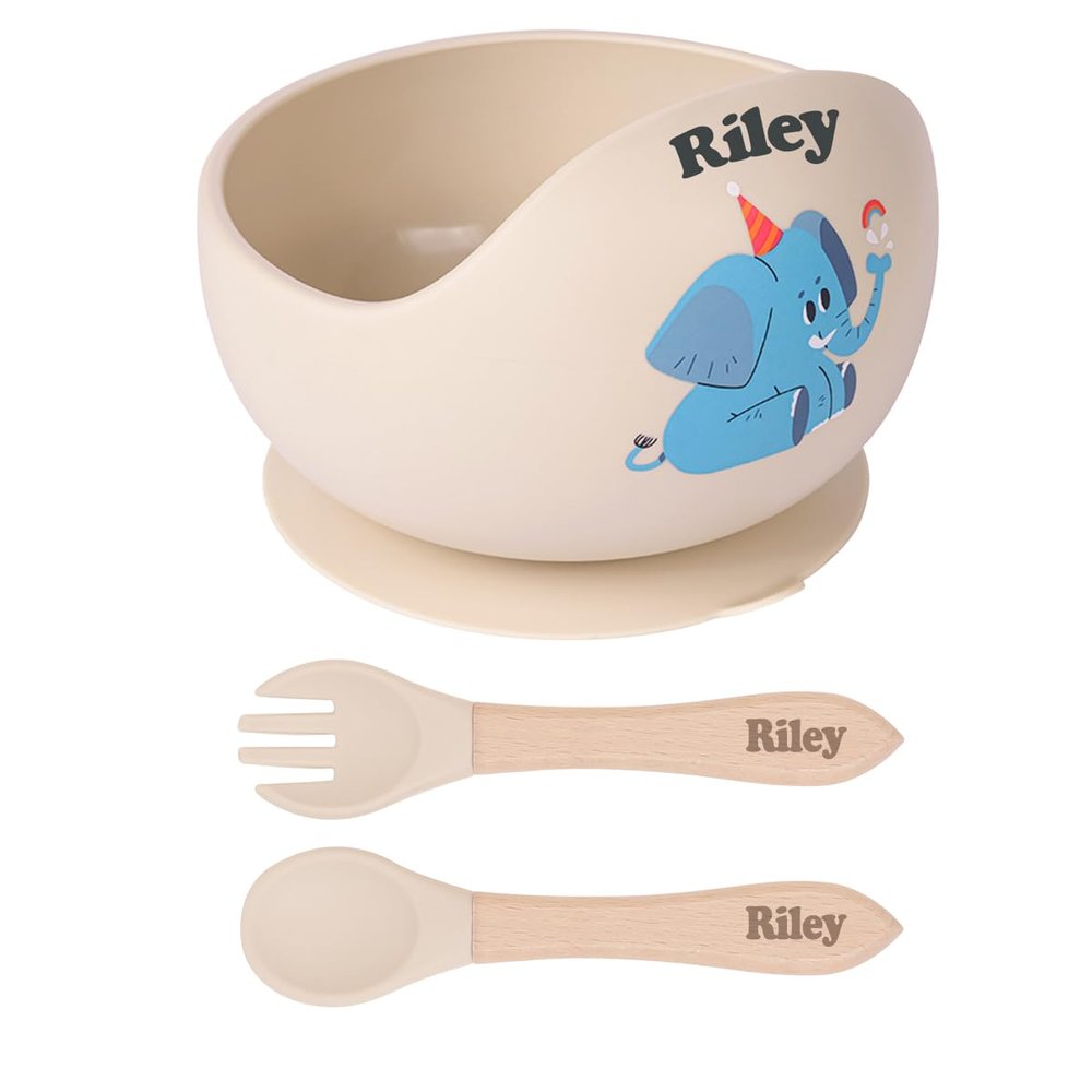 TYRY.HU Personalized Baby Bowl with Suction with Name, Baby Spoon and Fork with Name, Baby Led Weaning Supplies, Silicone Baby Feeding Set (Beige)