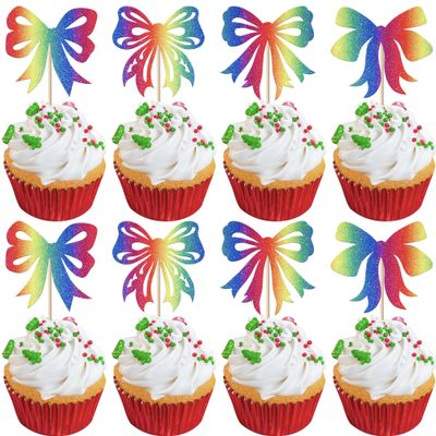 24 Pack Christmas Bowknot Cupcake Toppers Merry Christmas New Year Xmas Cupcake Picks for New Year Ceremony Party Cupcake Decorations Supplies Multicolor