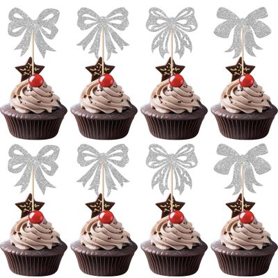 24 Pack Christmas Bowknot Cupcake Toppers Merry Christmas New Year Xmas Cupcake Picks for New Year Ceremony Party Cupcake Decorations Supplies Silver