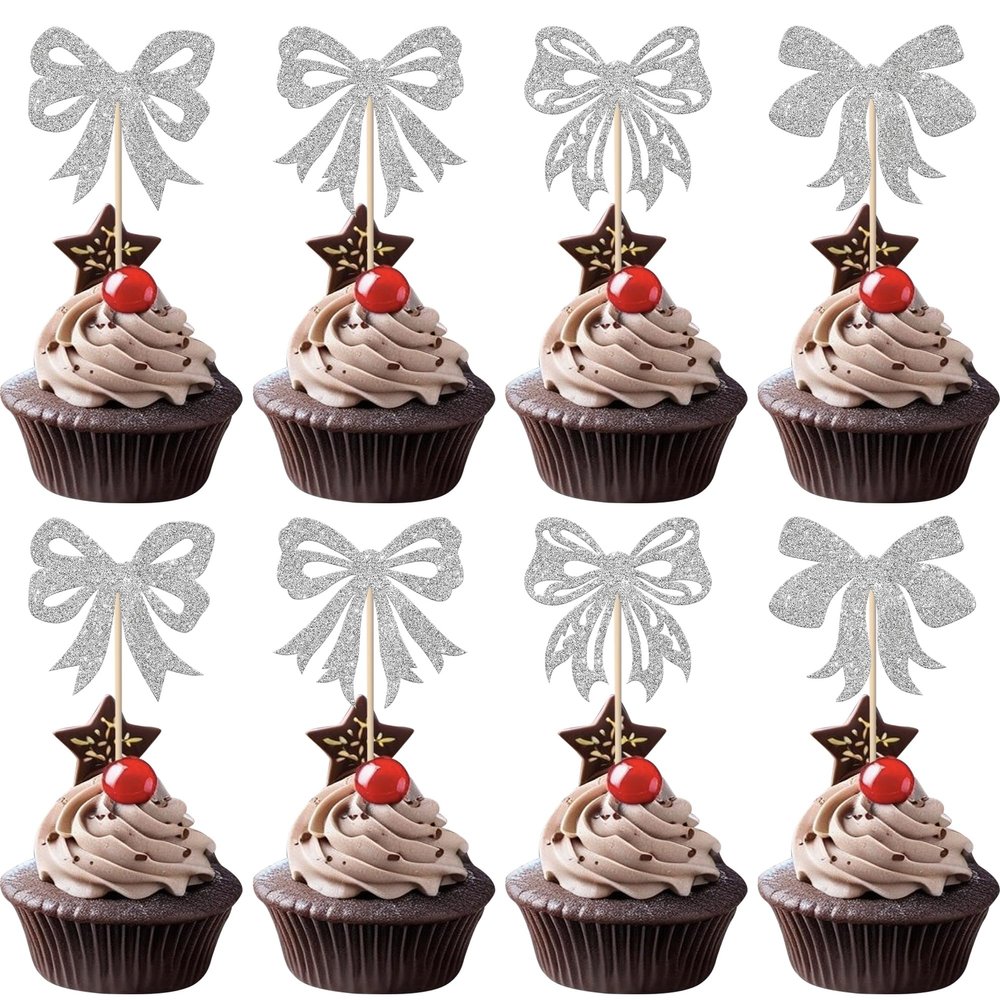 24 Pack Christmas Bowknot Cupcake Toppers Merry Christmas New Year Xmas Cupcake Picks for New Year Ceremony Party Cupcake Decorations Supplies Silver