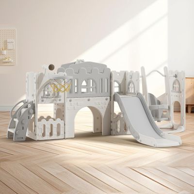 10 in 1 Toddler Slide Indoor Outdoor Playground Playset for Age 1-3 with Slide Basketball Hoop Telescope Climbing Ladder Crawl-Through Tunnel and Swing (Grey)