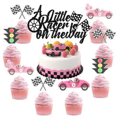 13Pcs Race Car Cake and Cupcake Toppers, A Little Racer Is on the Way Cake Decoration Racing Car Flag Traffic Light Cupcake Picks for Girls Let's Go Racing Sports Theme Baby Shower Supplies