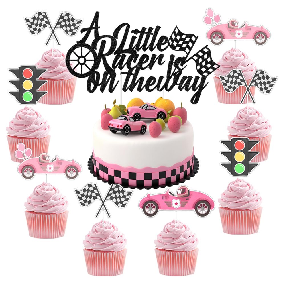 13Pcs Race Car Cake and Cupcake Toppers, A Little Racer Is on the Way Cake Decoration Racing Car Flag Traffic Light Cupcake Picks for Girls Let's Go Racing Sports Theme Baby Shower Supplies
