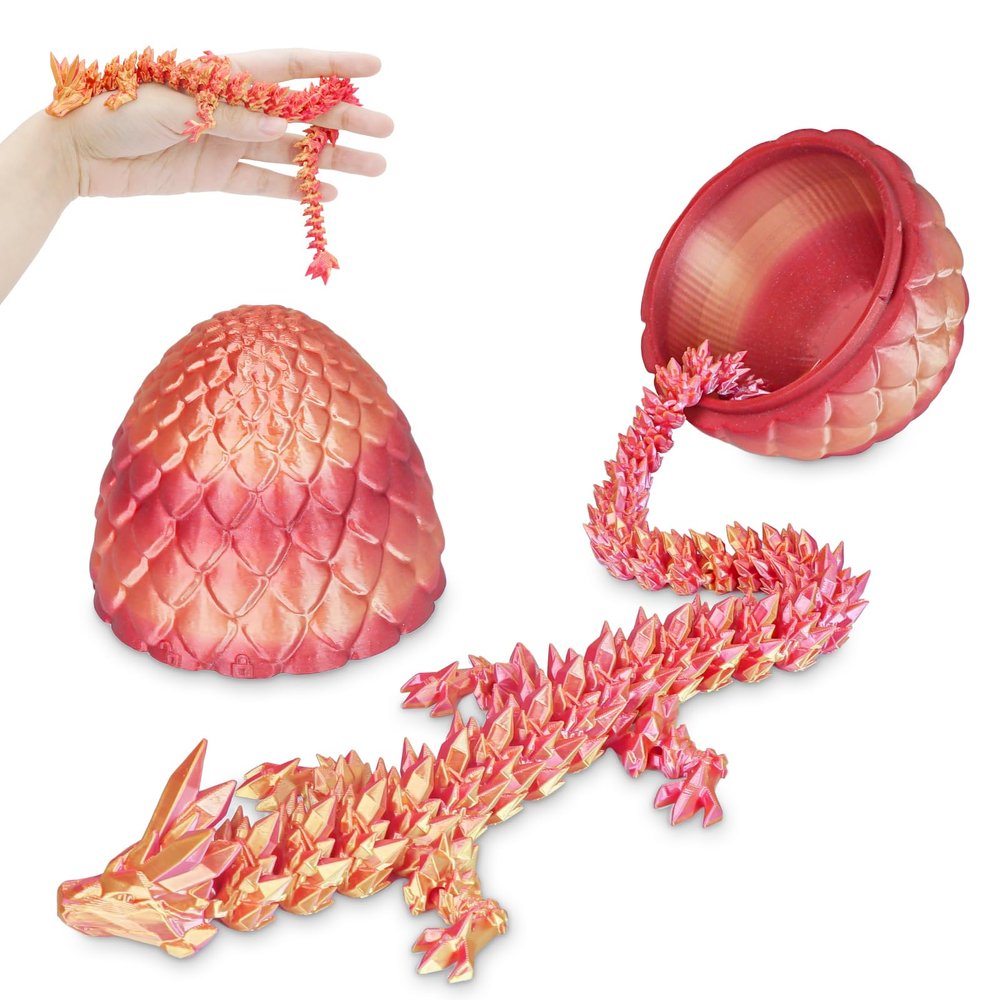 3D Printed Dragon Egg with Dragon Inside, Articulated Crystal Dragon Fidget Toy for Home Office Decor Executive Desk Toys, Easter Basket Stuffers for Adults and Kids (Orange Red, H:5.8 Inch)