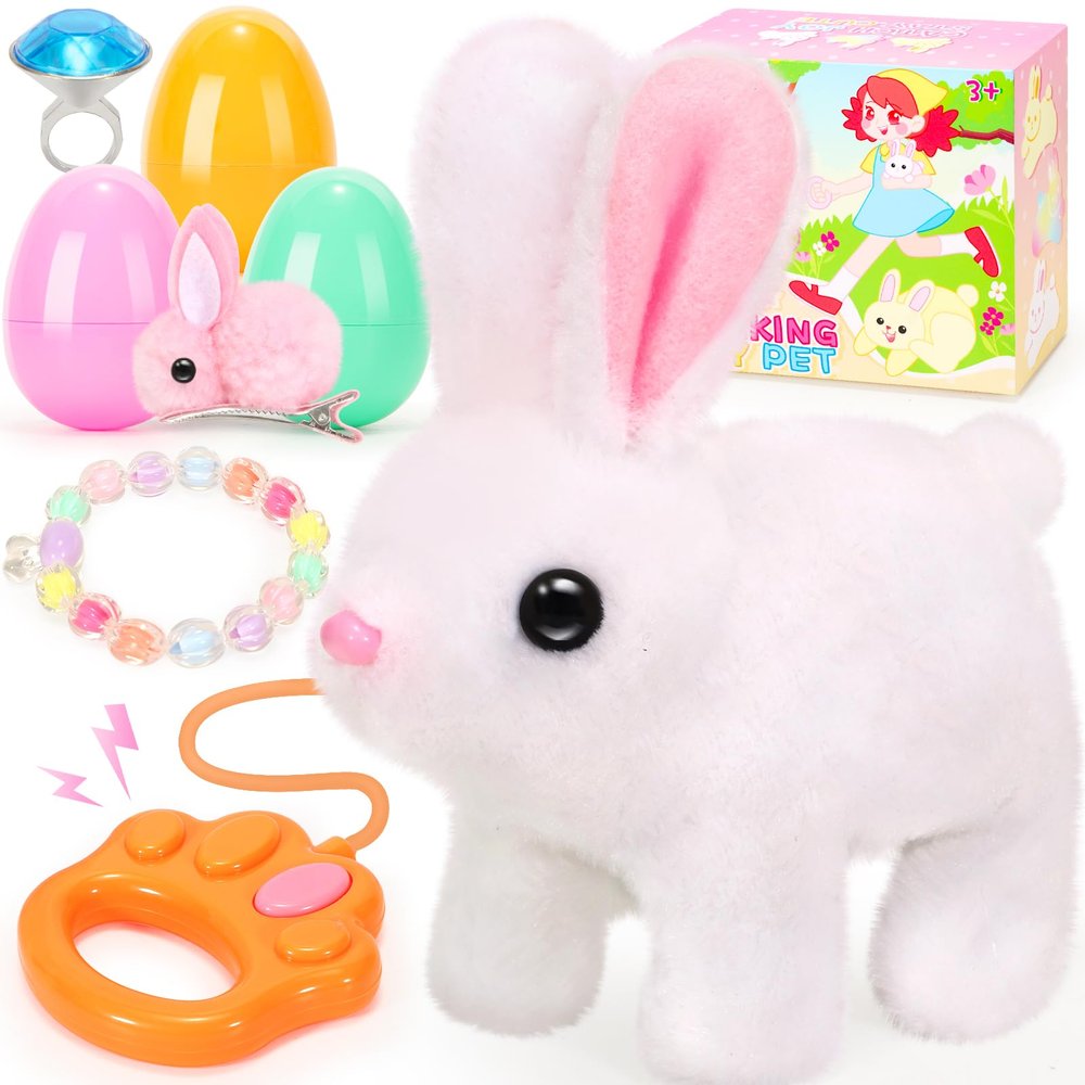 CatchCute Hopping Plush Bunny Easter Interactive Toys for Kids,Can Wagging Tail and Twitching Nose with Remote Control Leash,Easter Eggs and Decorations,Easter Christmas Birthday Gift for Toddlers