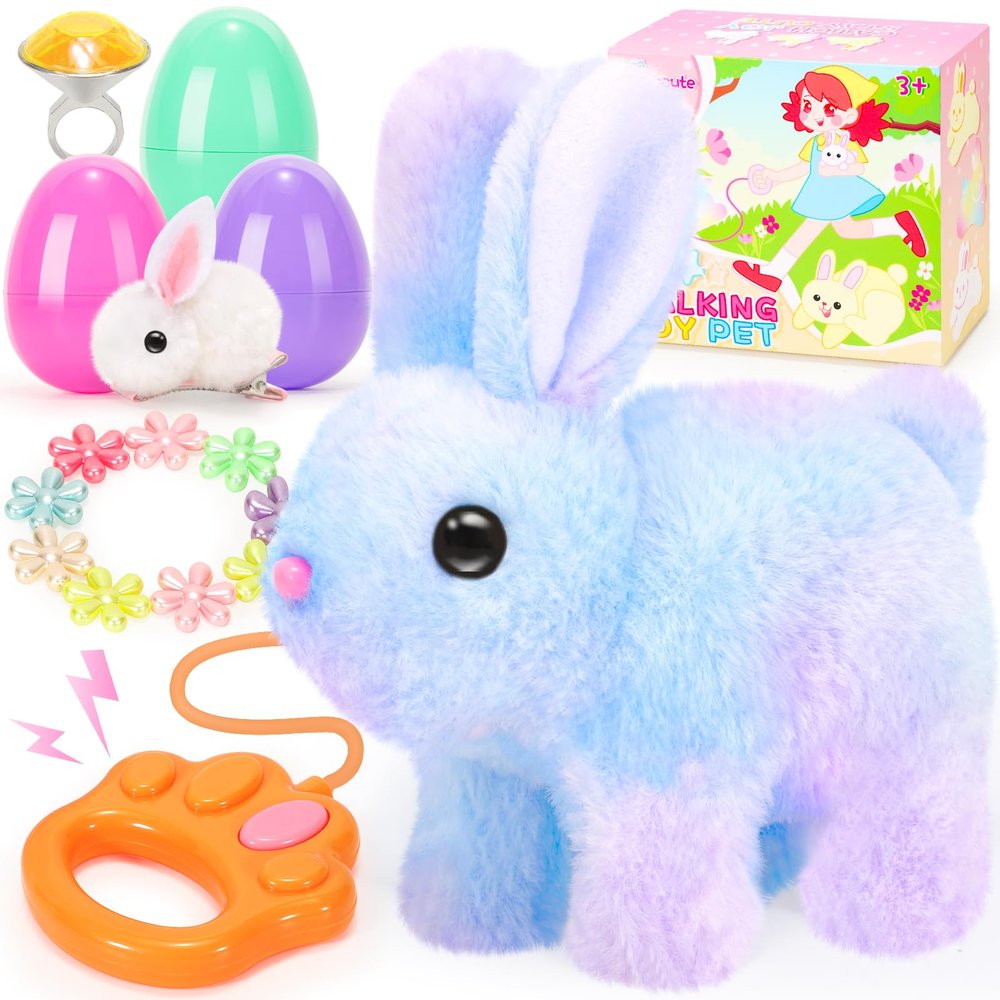 CatchCute Plush Bunny Easter Toys for Kids,Interactive Bunny with Sounds,Can Walk and Wag Tail with Remote Control Leash,Easter Eggs with Surprise,Easter Birthday Gift for Toddlers