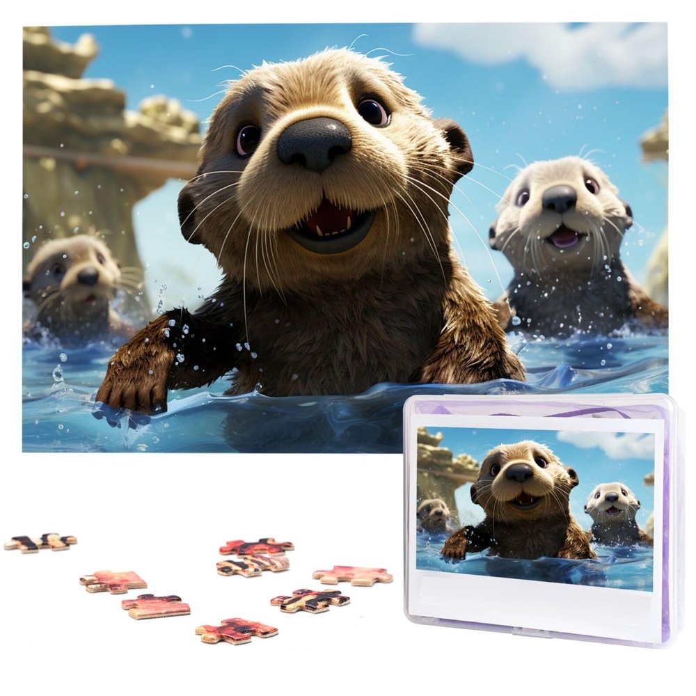 1000PCS Jigsaw Puzzle for Adults Personalized Picture Puzzle Lovely Sea Otter Print Customized Wooden Puzzle for Family, Birthday, Wedding, Game Nights Gifts Animal Puzzle 29.5x19.7 inches
