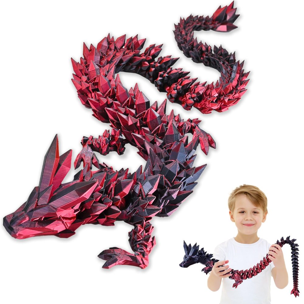 LOCYFENS Large 30" 3D Printed Dragon, Articulated 3D Dragon Toys, Long Crystal Dragon Black Red