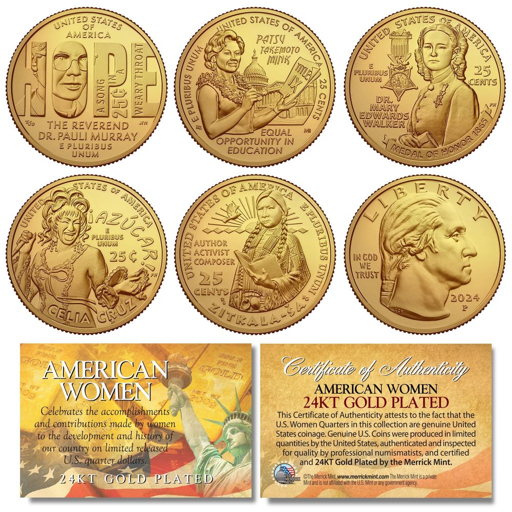 2024 Gold Plated American Women Quarters U.S. Mint 5-Coin Full Set with Certificate