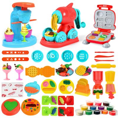 Aprilwolf 59 PCS 3 in 1 Dough Sets for Kids Ages 3-4-8, Art Crafts Dough Tools Kit, Ice Cream Playset Noodle Hamburger Maker Machine, Kitchen Creations Food Play Toys Toddlers Boys Girls