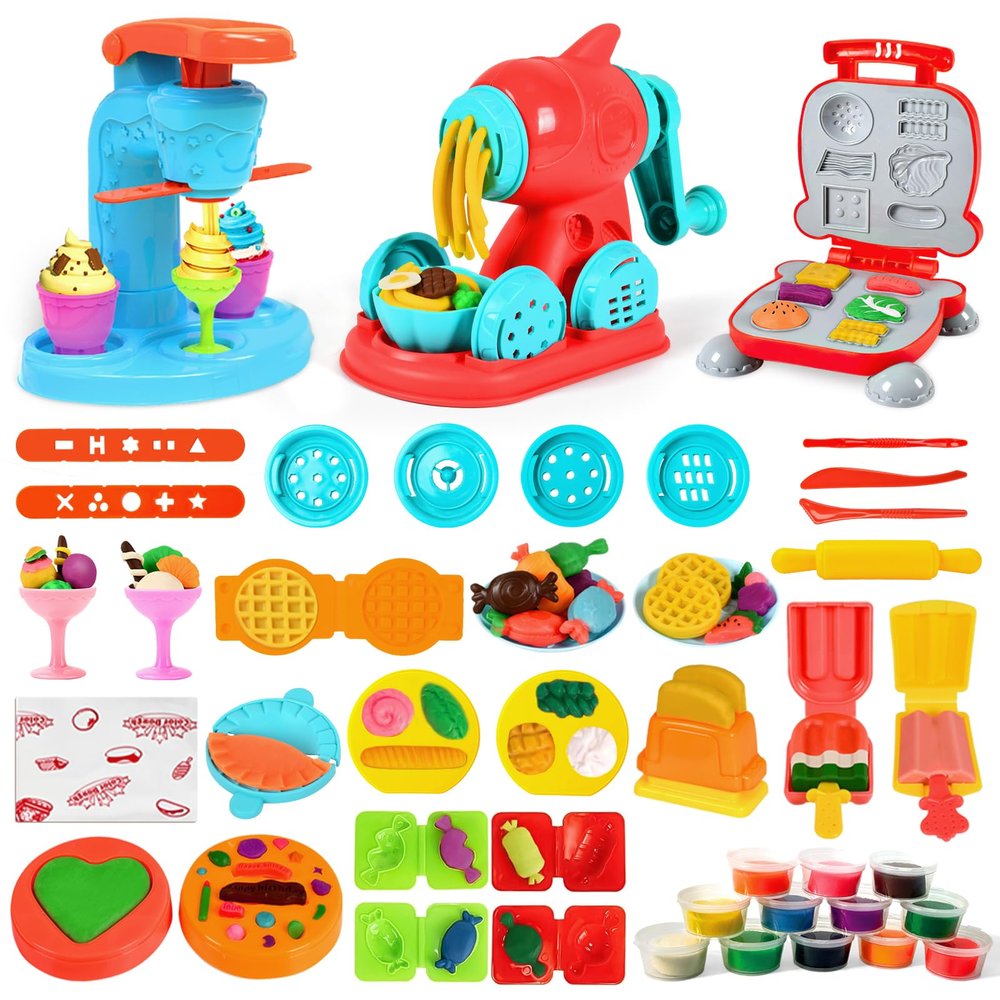 Aprilwolf 59 PCS 3 in 1 Dough Sets for Kids Ages 3-4-8, Art Crafts Dough Tools Kit, Ice Cream Playset Noodle Hamburger Maker Machine, Kitchen Creations Food Play Toys Toddlers Boys Girls
