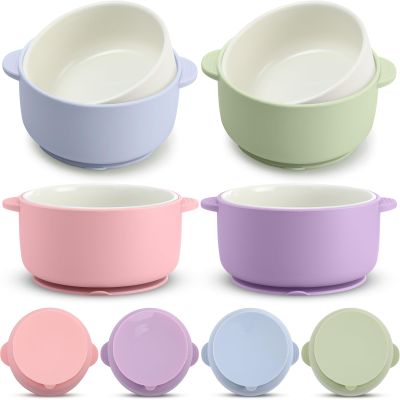 Domensi 4 Sets Kids Porcelain Bowls with Suction Sleeves Toddler Suction Bowl Upgrade Durable Microwave Dishwasher Safe Cereal Soup Snack Dishes for Baby Children Feeding Supplies (Macaron Colors)