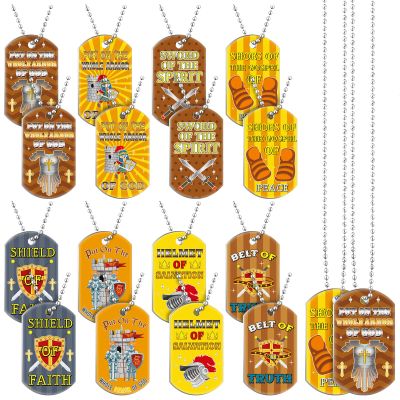 Aliceset 24 Pcs Bible Verses Religious Christian Dog Tag Necklace Religious Party Favors Inspirational Motivational Christian Necklace for Easter Valentines Sunday School Prizes Gift(Armor of God)