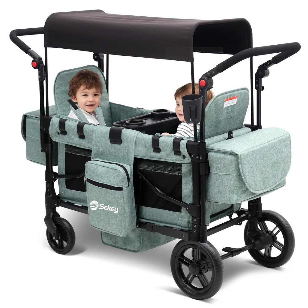 Sekey Wagon Stroller for 2 Kids, Luxury 4-in-1 Stroller Wagon - Premium Quality with Convertible Seats, Adjustable Push Handles, Removable Canopy, Snack Tray & Cooler, US Certified. Green