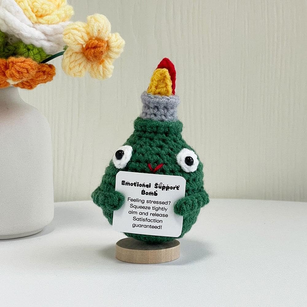 DTREELS 1pcs Handmade Crochet F-Bomb with Base, Emotional Support Bomb with Positive Card, Stress Relieving Bomb Toy for Friends, Funny Handmade Crochet Gift for Friends Home Office Desk Decor