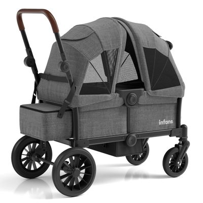 INFANS Wagon Stroller for 2 Kids, Collapsible Adjustable Push Pull Handle Bar, 2 Seater Stroller Wagon with Removable Canopy Snack Tray, Comfortable Drop-Down footwell and Upholstered Seats