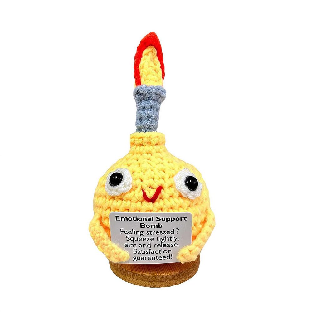 DTREELS 1pcs Handmade Crochet F-Bomb with Base, Emotional Support Bomb with Positive Card, Stress Relieving Bomb Toy for Friends, Funny Handmade Crochet Gift for Friends Home Office Desk Decor