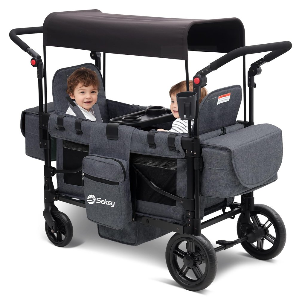 Sekey Wagon Stroller for 2 Kids, Luxury 4-in-1 Stroller Wagon - Premium Quality with Convertible Seats, Adjustable Push Handles, Removable Canopy, Snack Tray & Cooler, US Certified