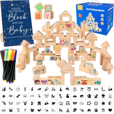 AryiHitt 141 Pcs Baby Shower Game Sign Set Includes Decorative Square Signs 100 DIY Blank Wooden Blocks 20 Paint Markers(Star)