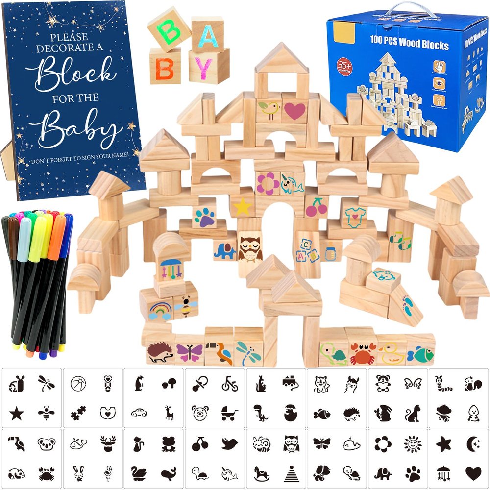 AryiHitt 141 Pcs Baby Shower Game Sign Set Includes Decorative Square Signs 100 DIY Blank Wooden Blocks 20 Paint Markers(Star)