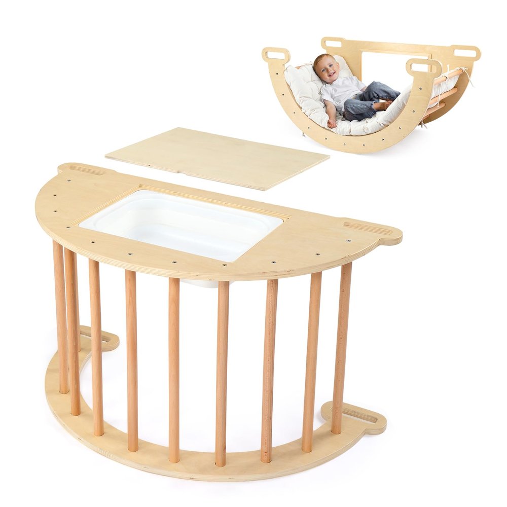 JOYMOR (2024) 5-in-1 Pikler Triangle Climber Arch Rocker with Cushion Sensory Table Set for Kids, Montessori Climbing Toys for Toddlers 1-3 Inside with Collapsible Storage Basin & Blackboard