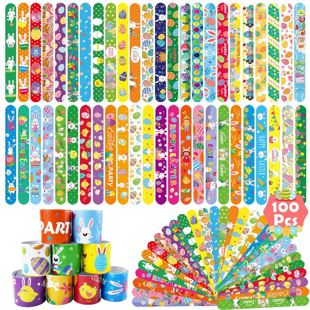 100Pcs Easter Slap Bracelets, Easter Basket Stuffers Party Favors Snap Wristbands for Kids Egg Fillers Gifts Exchange Gifts, Egg Hunt Event, Classroom Prizes, School Supplies