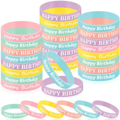 BBTO 48 Pieces Happy Birthday Rubber Bracelets Silicone Stretch Wristbands Colored Silicone Bracelets for Birthday Party Supplies (Pastel Style)