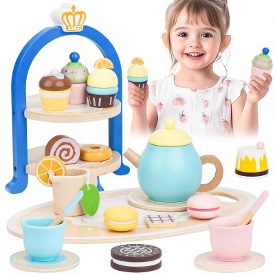Wooden Tea Sets for Toddlers 3-5, Princess Tea Party Set for Little Girls with Cupcake Stand and Food Accessories, Pretend Play Educational Toys for 3 4 5 6 Year Old Girl and Boy Birthday Gift