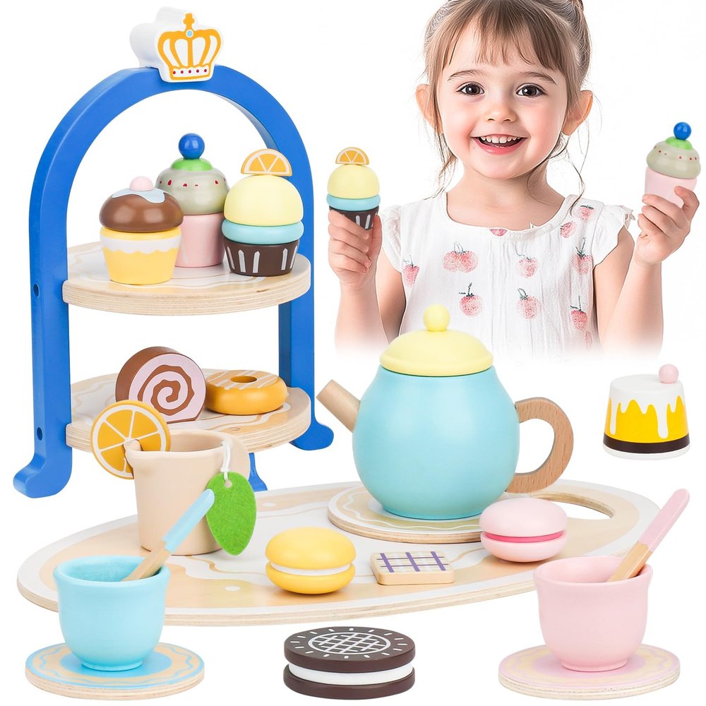 Wooden Tea Sets for Toddlers 3-5, Princess Tea Party Set for Little Girls with Cupcake Stand and Food Accessories, Pretend Play Educational Toys for 3 4 5 6 Year Old Girl and Boy Birthday Gift