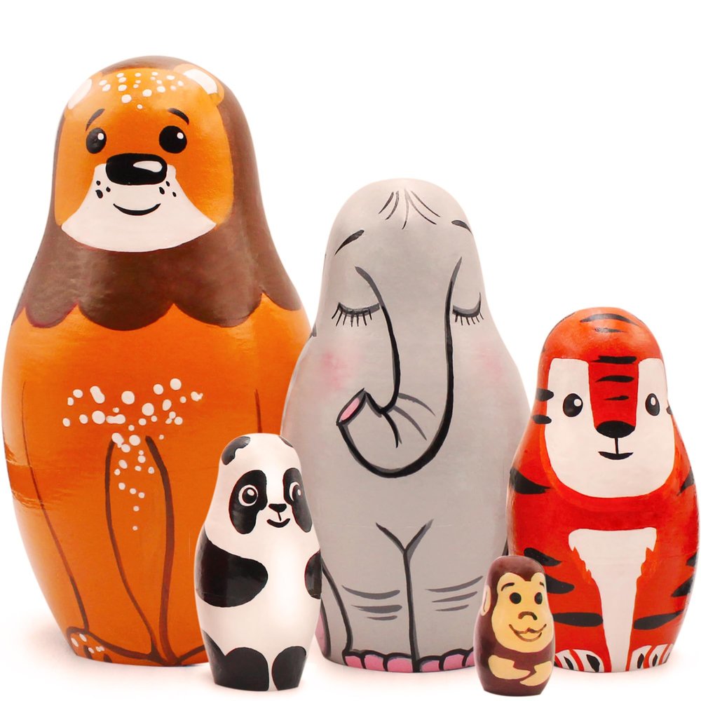 Animal Nesting Dolls Set  Hand Painted Wooden Safari Matryoshka  Lion Elephant Tiger Panda Monkey Figurines  Russian Style Dolls Set of 5