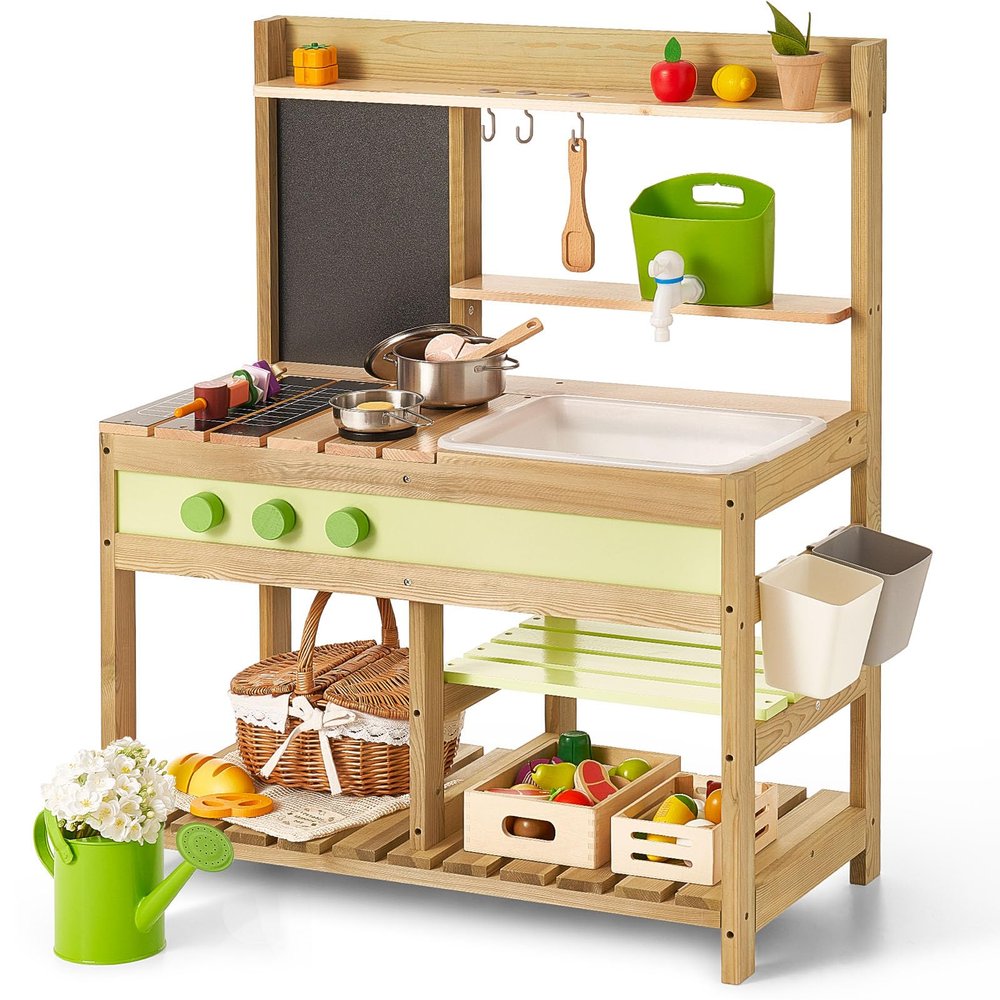 Giant bean Mud Kitchen Playset for Kids, Deluxe Wooden Toy Play Kitchen Set for Boys and Girls Ages 3-8 Indoor & Outdoor Activities, with Sand and Water Sink, Cookware Pots