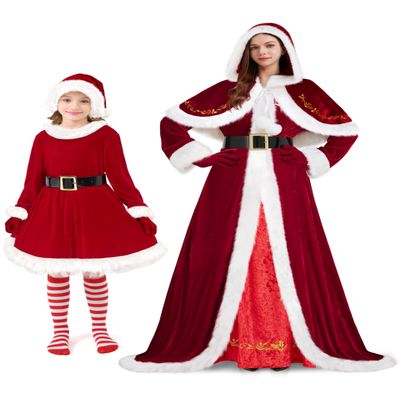 3X-Large 4 Pieces Mrs Claus Costume Set for Women and 8-10Years Girls Santa Dress