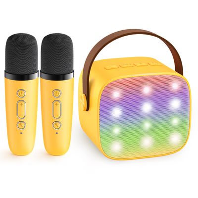 YLL Mini Karaoke Machine for Kids Adults, Portable Bluetooth Speaker with 2 Wireless Microphones, Birthday Gifts Toys for Girls Boys Ages 3, 4, 5, 6, 7, 8, 9,10,11,12+ Years Old Toddler (Yellow)