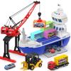 CUTE STONE 2-in-1 Toy Boat & Tower Crane Playset, Cargo Ship with Lights/Sounds | Push-Go Transport Ship & Construction Vehicle Toys, Interactive Carrier Boat for Kids Boys Girls view 1