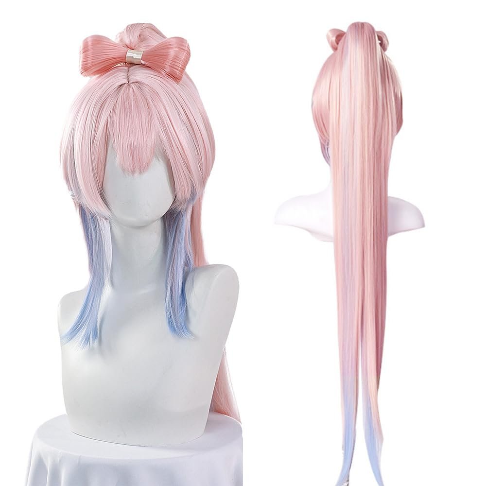 Anime wig game,Role-play pink blue gradient forked bow hair replacement wig,(Sangonomiya Kokomi) (Pink)