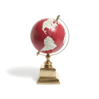 Deep Red Decorative Globe  10.75 on Gold Aluminum Base, Tilted Axis World Map Accent for Mantel, Shelf, Desk & Office Decor